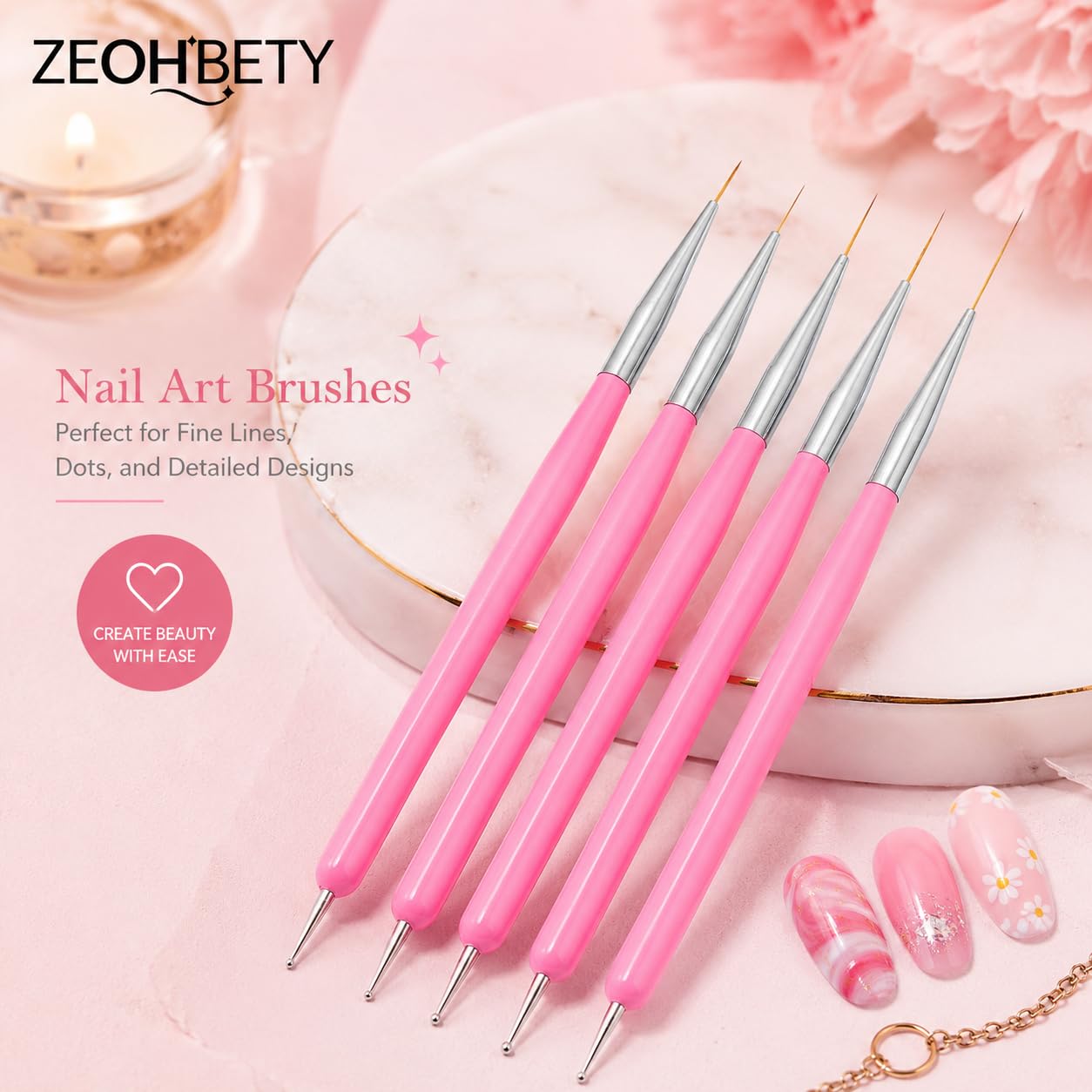 Pennelli per nail art, 5 pennelli per nail art, strumenti per punteggiare, set di pennelli per disegno artistico per linee lunghe, dettagli sottili, dimensioni 7/9/11/15/22 mm, rosa