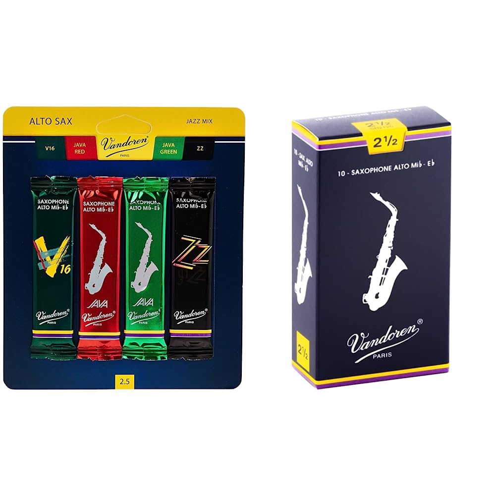 Vandoren SRMIXA25 Alto Sax Jazz Reed Mix Card includes 1 each ZZ, V16, JAVA and JAVA Red Strength 2.5 & SR2125 Alto Sax Traditional Reeds Strength 2.5; Box of 10