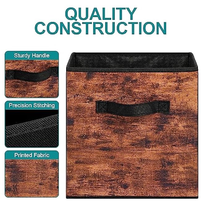 Stero Fabric Storage Cubes, 6 Pack Foldable Storage Bins with Handle, 11 Inch Storage Baskets Box for Shelves, Closet, Organizer, Rustic Brown and Black