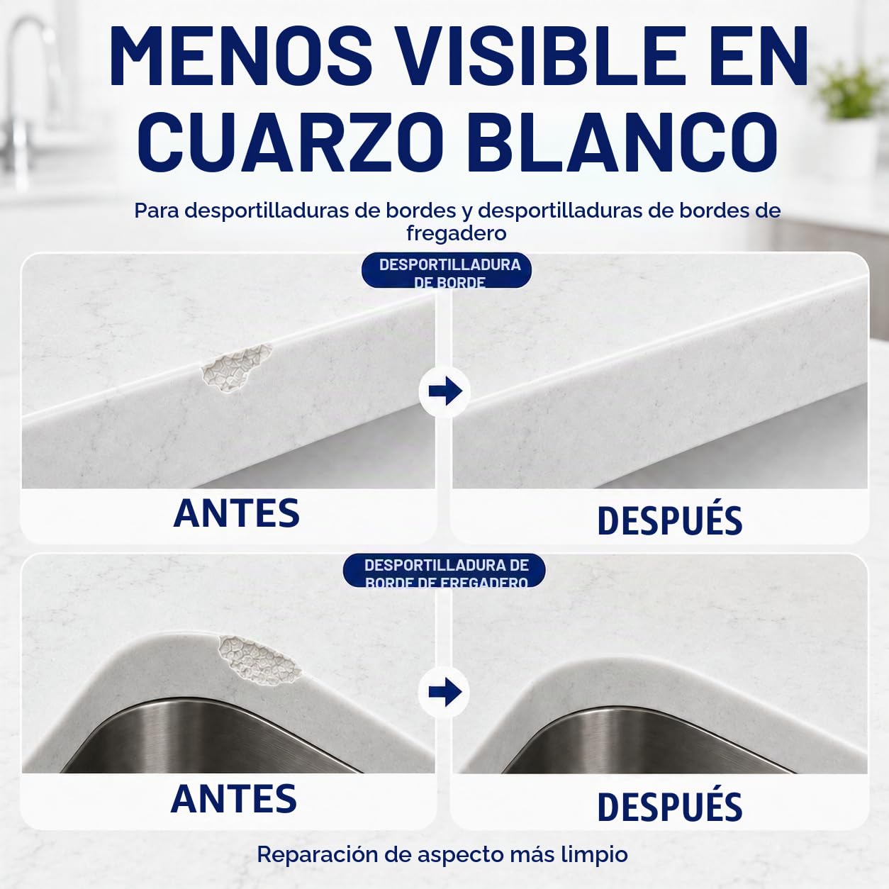 cocomfix Kit de reparación de cuarzo para encimera (blanco), kit de reparación de virutas de cuarzo de secado rápido para astillas, grietas, arañazos y agujeros en cuarzo, mármol, granito, porcelana y