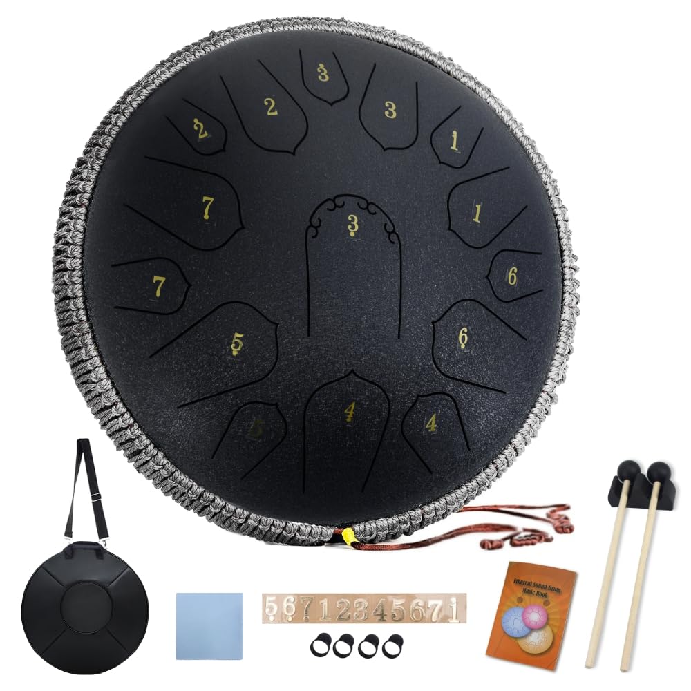 Jinqu Steel Tongue Drum - 14 Inch 15 Note Tongue Drum - Hand Pan Drum with Music Book, Handpan Drum Mallets and Carry Bag, D Major (Matte Black)