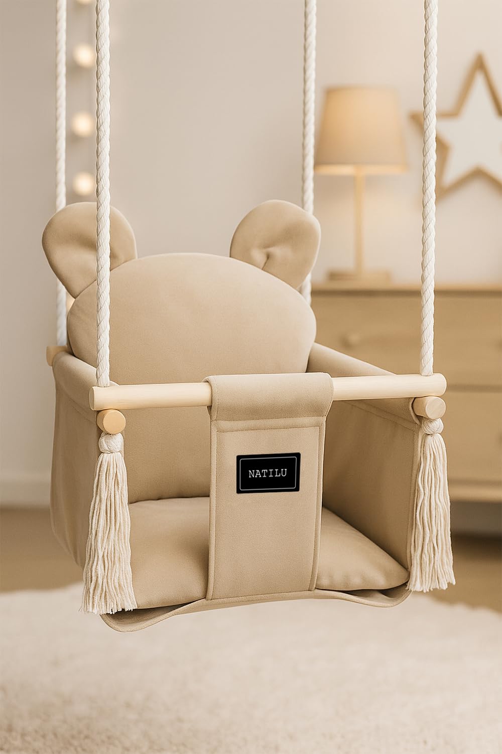 Altalena per bambini Bear Light Beige | altalena in legno per bambini | altalena con orsacchiotto | prodotto nell'Unione Europea