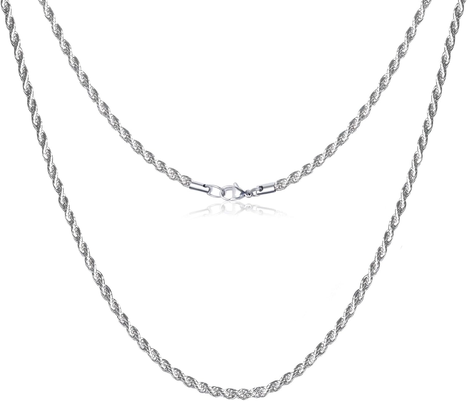 QISHENG 3mm Rope Chain for Men, Stainless Steel Silver Rope Chain for Women Men Wearing in Various Occasions and Silver Necklace Chain Length of 16 18 20 22 24 26 28 30 Inch