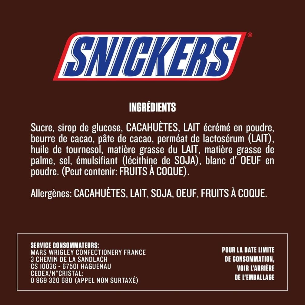 SNICKERS - Barre Chocolat au Lait, Cacahuètes & Caramel - Grand format - 40 barres chocolatées individuelles de 50g - 2kg
