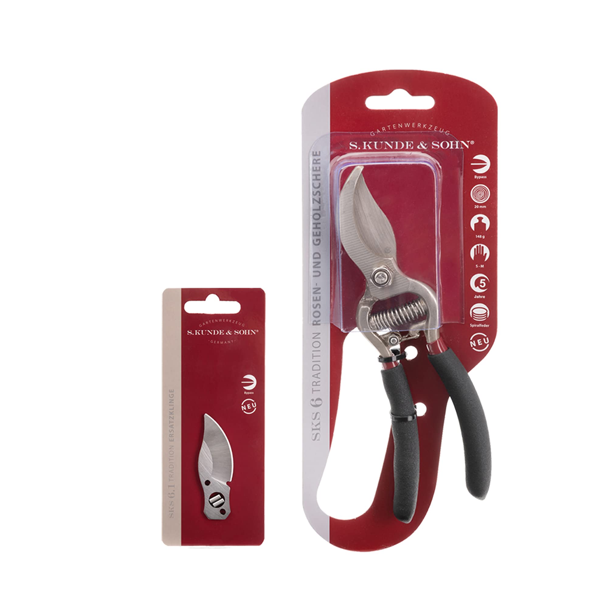 S. Kunde & Sohn Germany – die leichteste geschmiedete Gartenschere SKS6 Tradition + 1 Ersatzklinge GRATIS – ergonomisches Design – Bypass – Rosen-Rebschere – ∅20mm – kompl. beschichtet, rostfrei