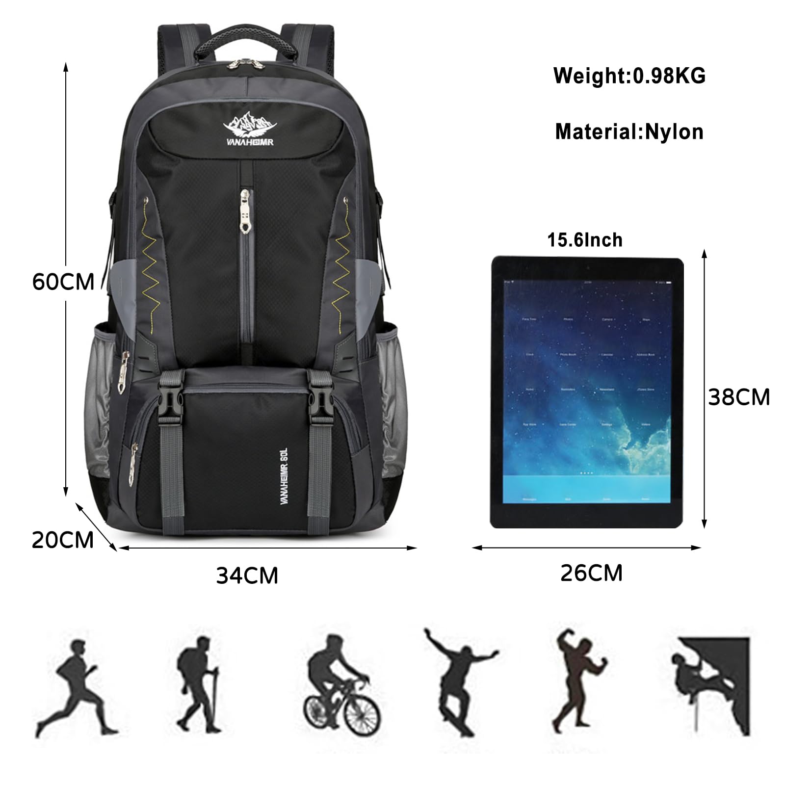 60L Zaino da Trekking Zaino Impermeabile Zaini Hiking Backpack per Donna Uomo Campeggio Arrampicata Viaggio Sport Nero