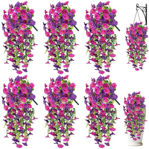 Artificial Hanging Flowers for Outdoors 6 PCS Silk Morning Glory Artificial Flowers with Eucalyptus Leaves UV Resistant Fake Flower Realistic Faux Plants for Home Patio Porch Garden Purple+Fuchsia