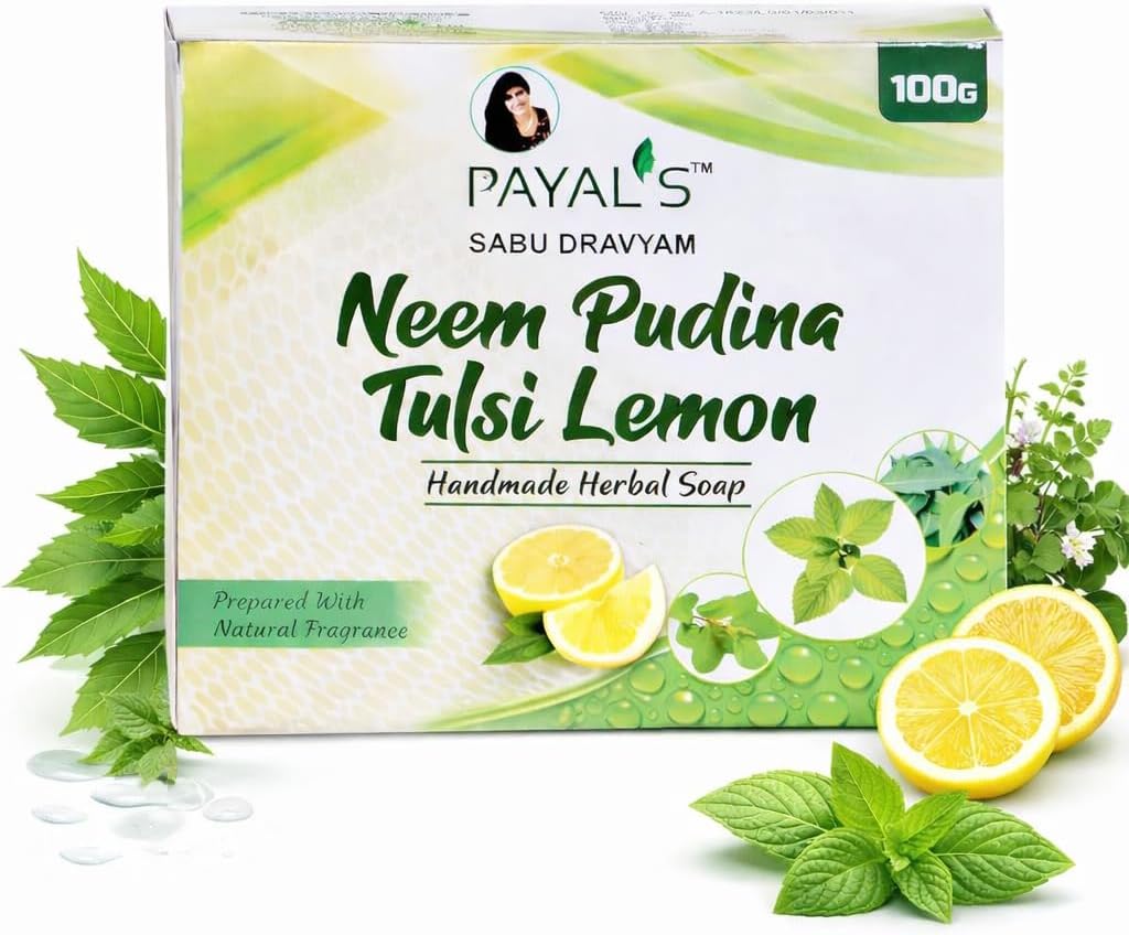 - Herbal Soap with Neem Pudina Tulsi Lemon | Natural Bathing Bar for Deep Cleansing, Refreshing & Skin Care | Ayurvedic, Moisturizing | Chemical-Free | 100g