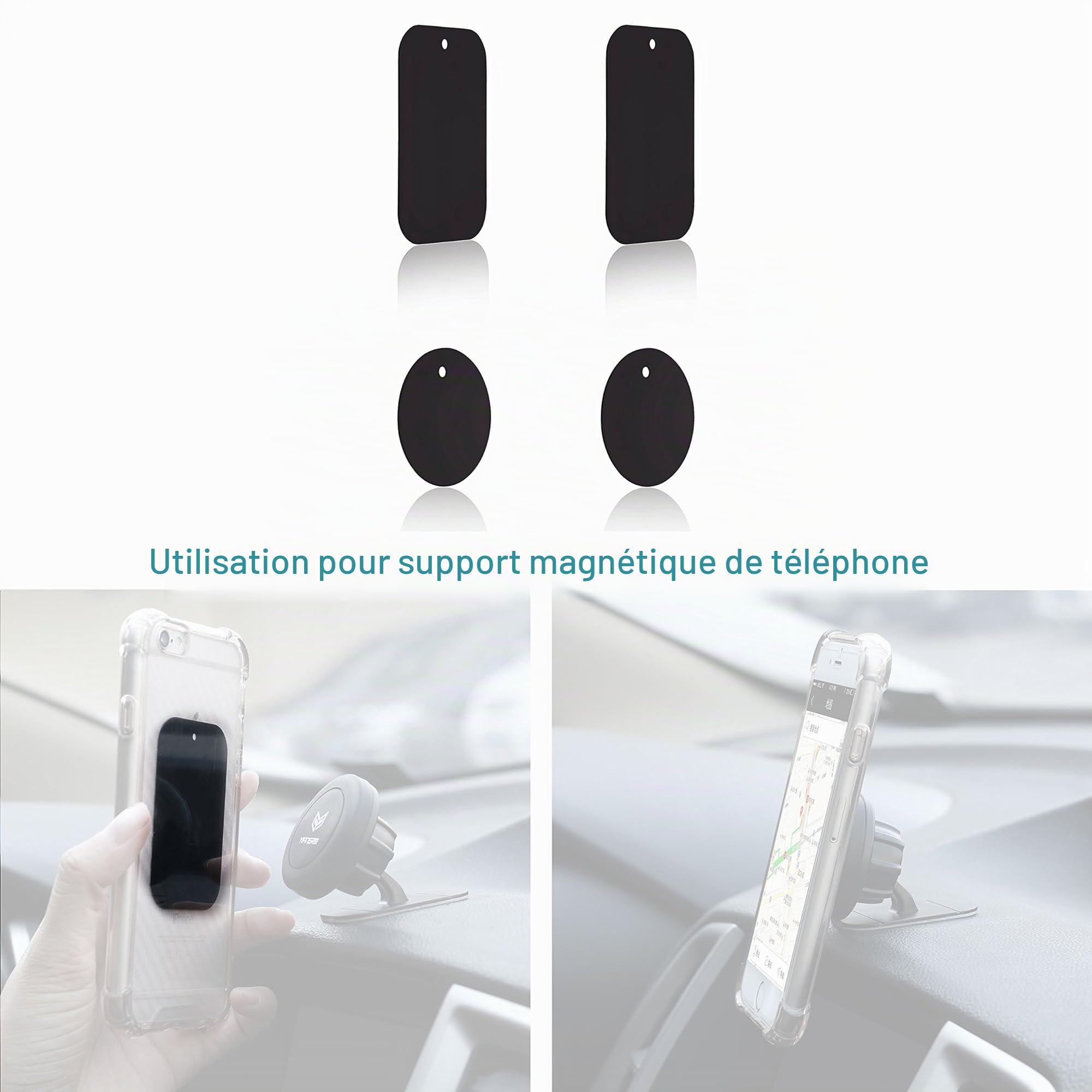 Lot de 4 plaques métalliques Fines pour Support magnétique pour téléphone de Voiture (2 Rondes et 2 rectangulaires)