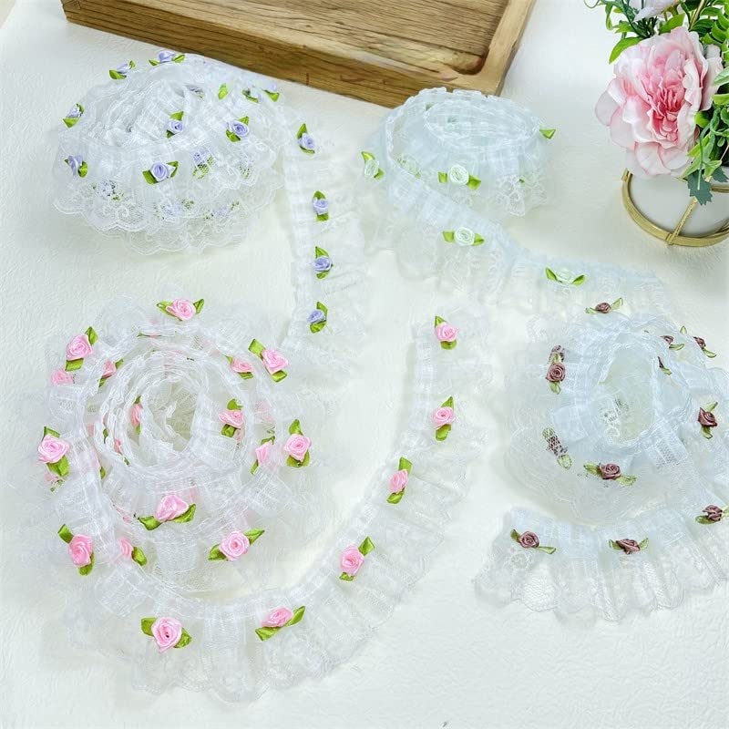 Aplikacje z haftowanej koronki Tkanina koronkowa - 1 jard 3D Rose Flower Tulle elastyczna plisowana tkanina koronkowa aplikacja na ubranka dla lalek(Pink Lace)
