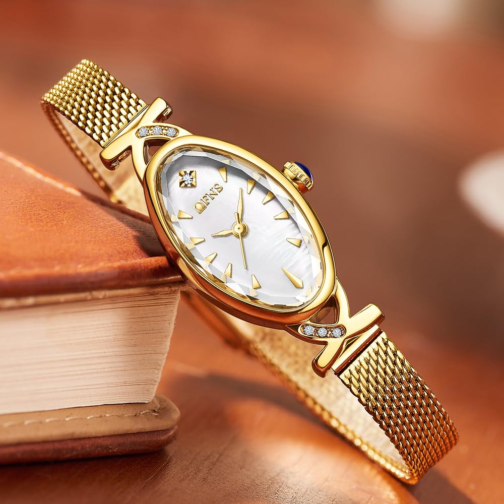 FANMIS Goldene Damen-Armbanduhr, Vintage, oval, Damenarmband, wasserdicht, elegantes Diamanten-Design, Quarzuhren, Leder- oder Mesh-Band