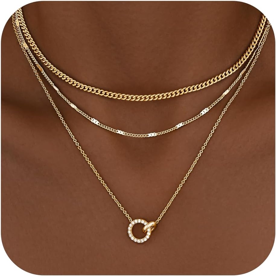 WomenGifts Layered Gold Necklaces for Women, 14K Gold Sterling Silver Plated Dainty Pendant Necklace Set with Cubic Zirconia Circle, Chunky Stackable Cuban Chain Choker, Trendy Personalized Birthstone Jewelry Gift Non Tarnish