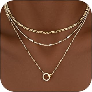 Layered Gold Necklaces for Women, 14K Gold Sterling Silver Plated Dainty Pendant Necklace Set with Cubic Zirconia Circle, Chunky Stackable Cuban Chain Choker, Trendy Personalized Birthstone Jewelry Gift Non Tarnish
