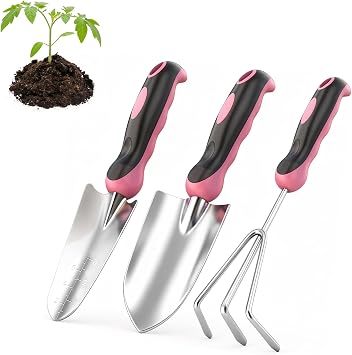 3 PCS Garden Tools Set, Stainless Steel Heavy-Duty Gardening Kit with Trowel, Shovel, Rake, Durable Non-Slip Ergonomic Hand Tool Set, Gardening Gifts for Women Men Gardener