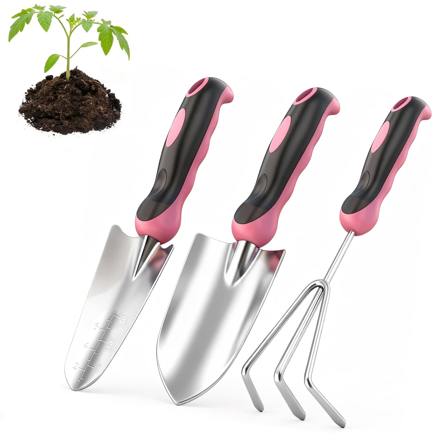3 PCS Garden Tools Set, Stainless Steel Heavy-Duty Gardening Kit with Trowel, Shovel, Rake, Durable Non-Slip Ergonomic Hand Tool Set, Gardening Gifts for Women/Gardener