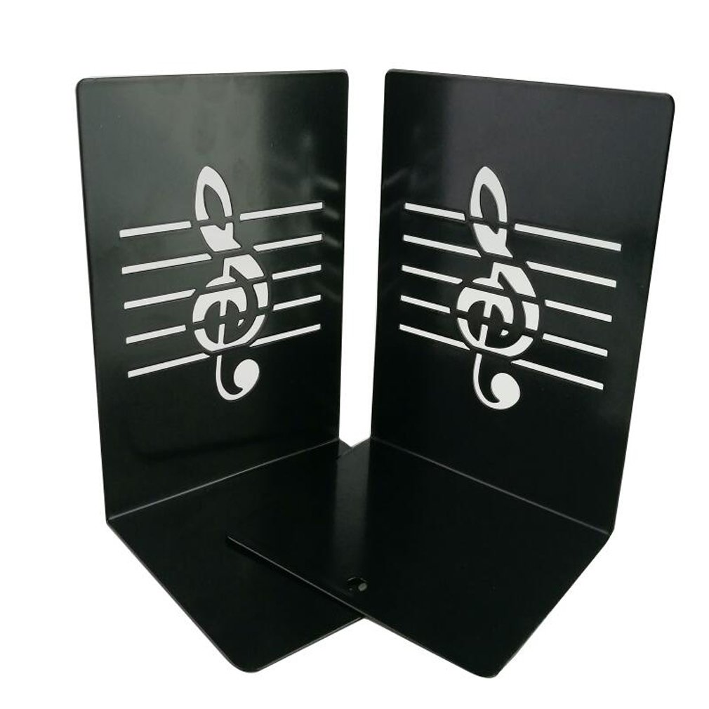 Un paio di supporti reggilibri in metallo nero, con nota musicale, creativi, di tendenza per bambini, amanti della musica, decorazione di casa e ufficio Nero