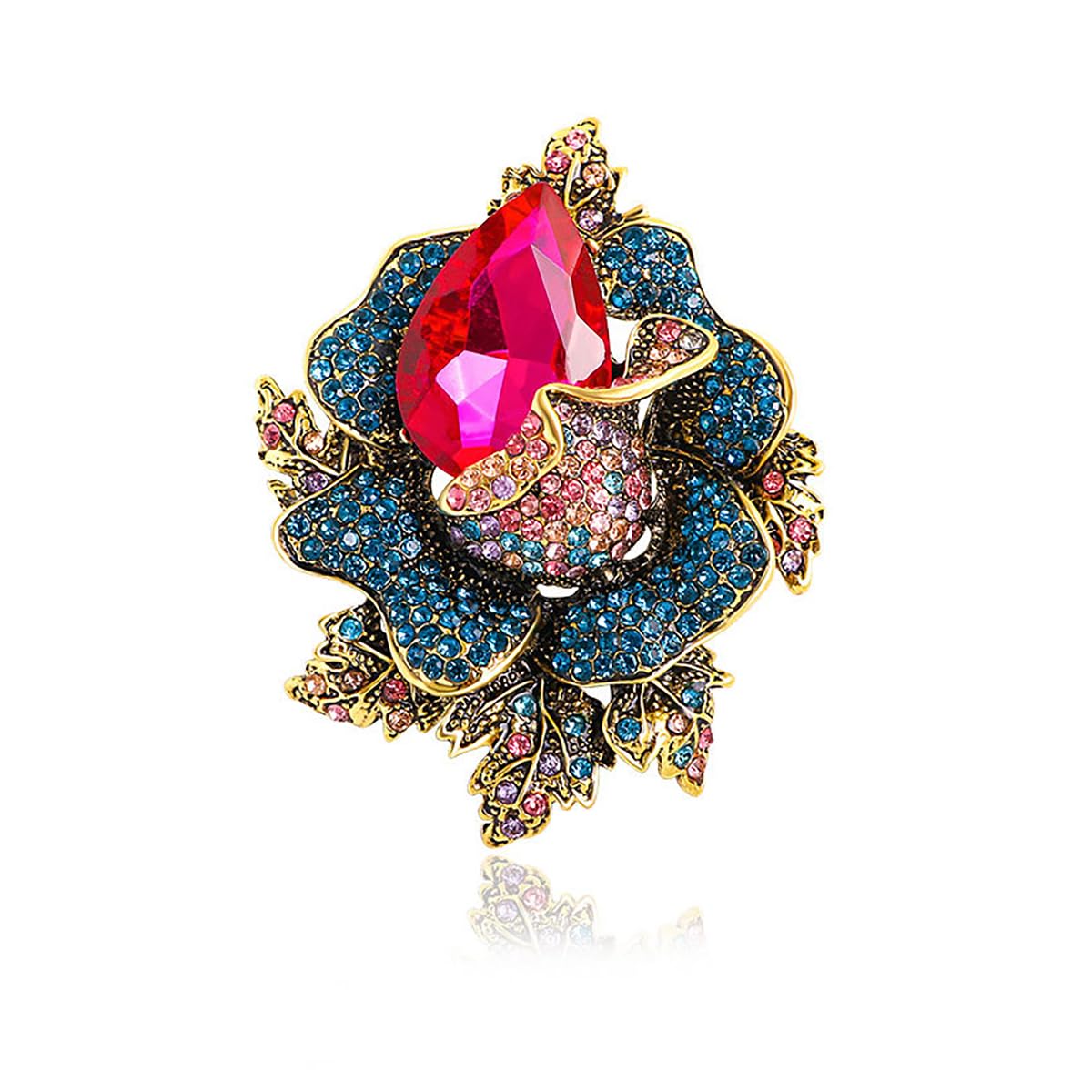 Large Rhinestone Crystal Flower Brooch Pin Vintage Rose Blossom Brooch Rose Red/Blue/Green/Yellow//Red Crystal Broochs Big Large Flower Broochs Lapel