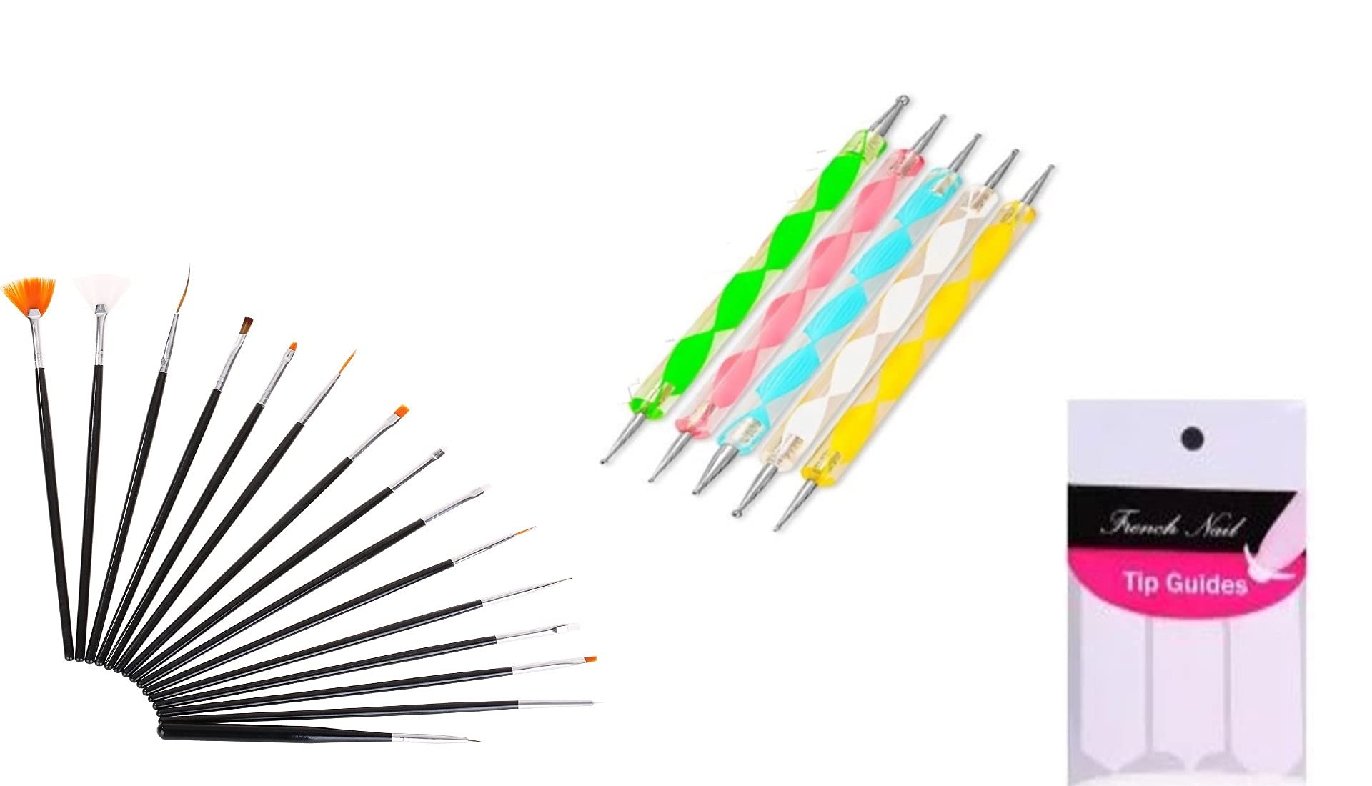Nail Art Combo 15pc Nail Brush Set,5pc Nail Pen Set And A French Manicure Nail Art Tip Sticker (Black Silver)-image-32