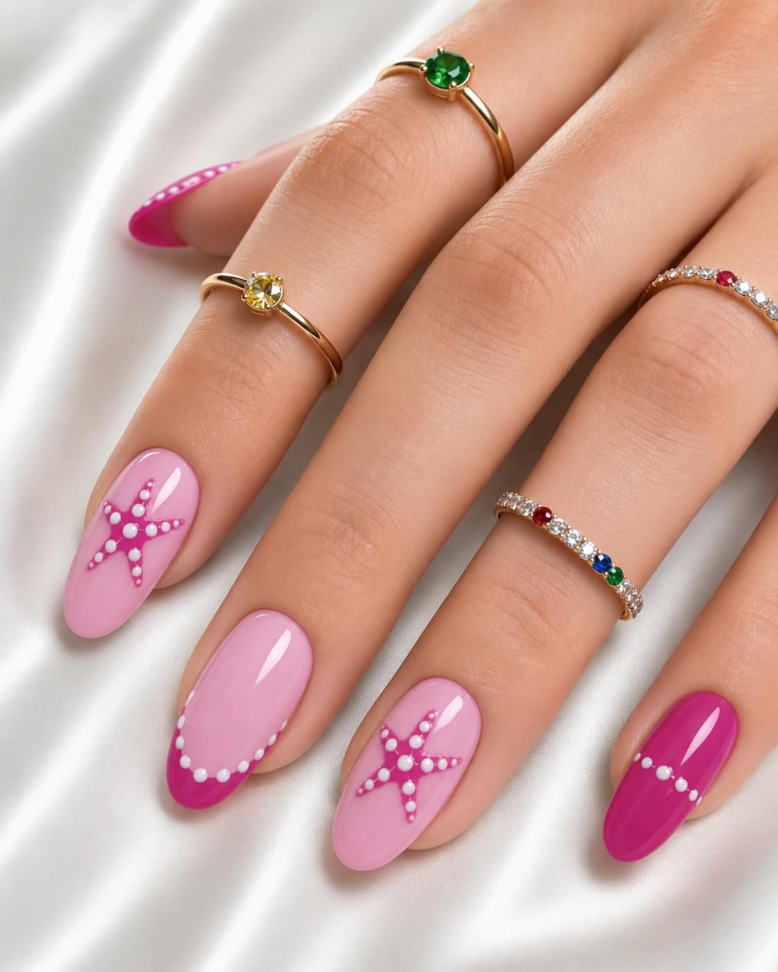 JESCO Press On Nails for Women, 20 Pcs Reusable Medium Almond Glossy Pink Pearl Starfish Nail Art Design, for Wedding & Daily Wear-image-18