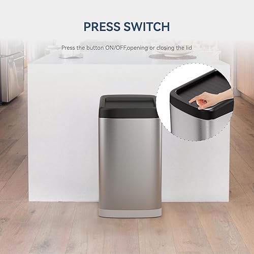 Miniatura 5 de ELLO&ALLO Bote de basura rectangular con sensor de movimiento automático sin contacto de 30 litros y 8 galones para cocina, acabado de acero