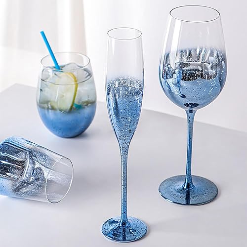 Miniatura 4 de Juego de 4 copas de vino tinto de cristal azul, copa de cielo estrellado, para vino blanco y champán (4, copas de vino tinto, cielo estrellado azul)