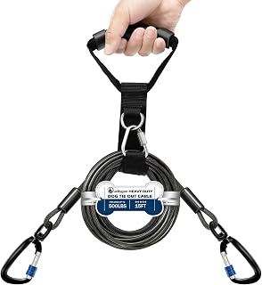 Heavy Duty Dog Tie Out Cable- Dog Leads for Yard & Camping, Rust Proof Leash Cable with Carrying Handle, No Tangle Tether for Medium to Large Dogs Up to 500lbs,15ft,Black