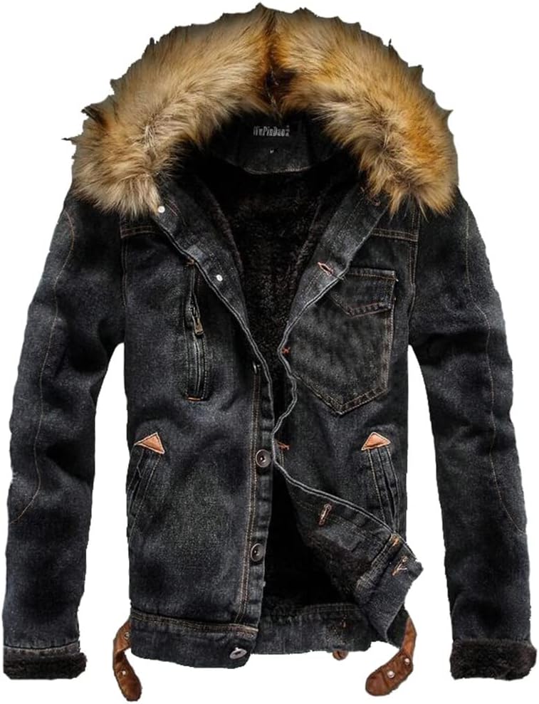 Litteking men's fleece jeans jacket casual faux fur collar sherpa…