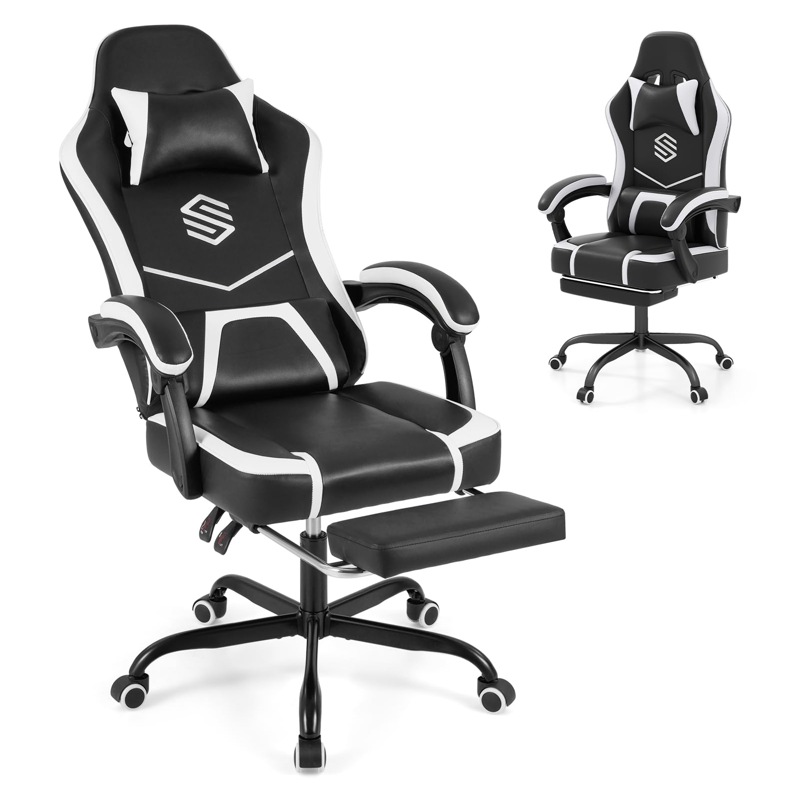 Goplus Gaming Chair, Ergonomic Computer Chair with Footrest, Lumbar Support, Linkage Armrests, Detachable Headrest, Desk Chair with Adjustable Backrest &amp; Height, Task Chair for Home Office (Black)