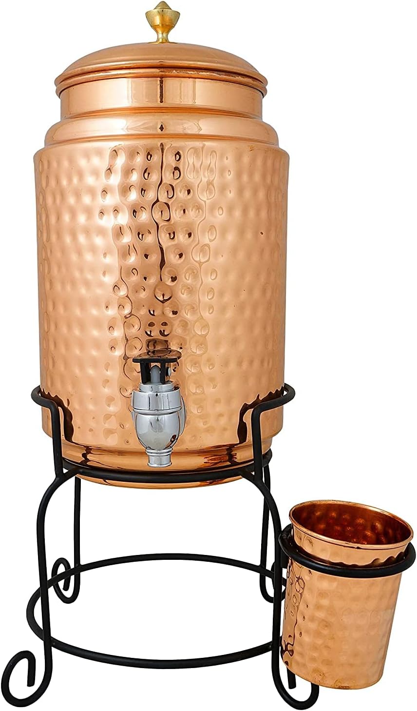 R Ayurveda Copper 5 Litre Hammered Copper Water Dispenser (Matka/Pot/Dispenser/watercooler) Container Pot with 1 Copper Glass and Stand,Pure Copper (5000 ml)