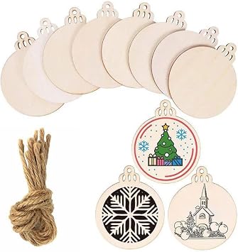 30 Pcs Round Wood Circles with Holes,DIY Wooden Christmas Ornaments Unfinished Predrilled Wood Circles for Crafts Holiday Hanging Decorations