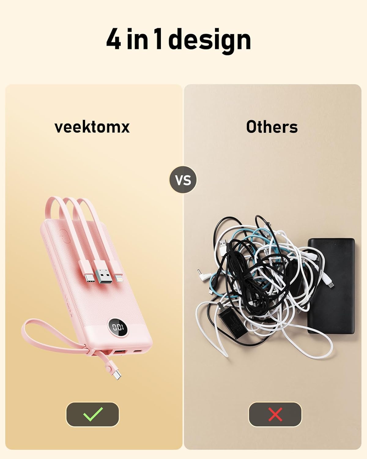 VEEKTOMX Portable Charger Built-in Cables, Power Bank for iPhone, Fast Charge USB C Battery Pack Travel Essentials Powerbank Compatible with iPhone 17/16/15/14, Samsung S25/24