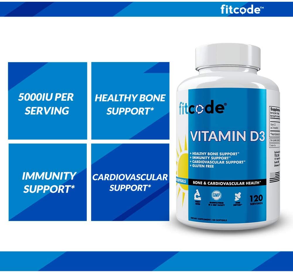 Fitcode Vitamin D3 Softgels, 5000 IU High Potency, Immune System, Bone and Cardiovascular Support, Gluten-Free, 120 Servings