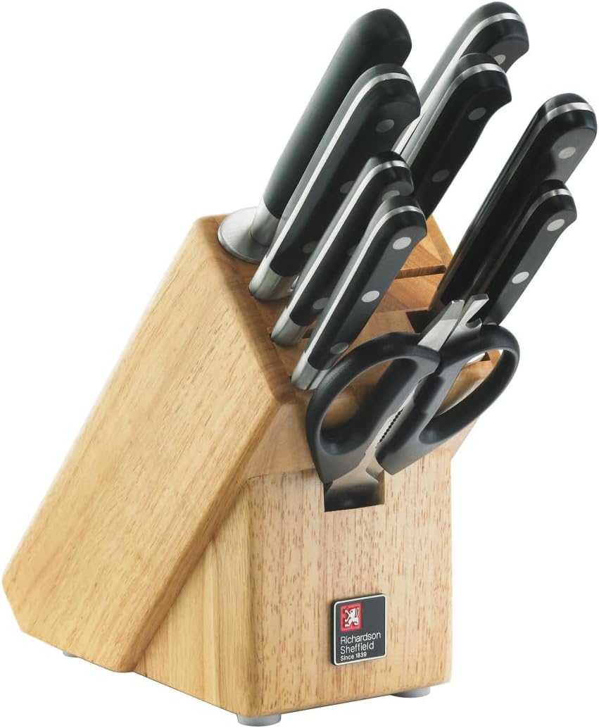 Sabatier Trompette 9 Piece Knife Block Set including 6 Knives, 1 Sharpener, 1 Carving Fork and 1 set of Scissors