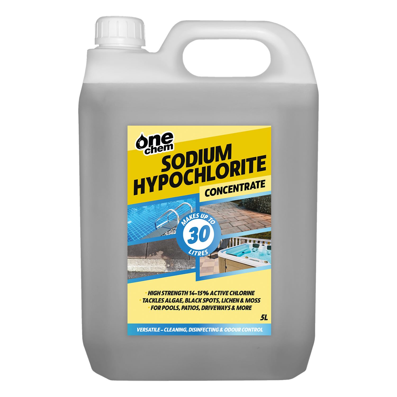 One Chem Sodium Hypochlorite, 5L High Strength 14-15% Concentration,Patio Cleaner, Swimming Pool Liquid Chlorine, Black Spot Remover, Multi-Purpose Bleach Solution
