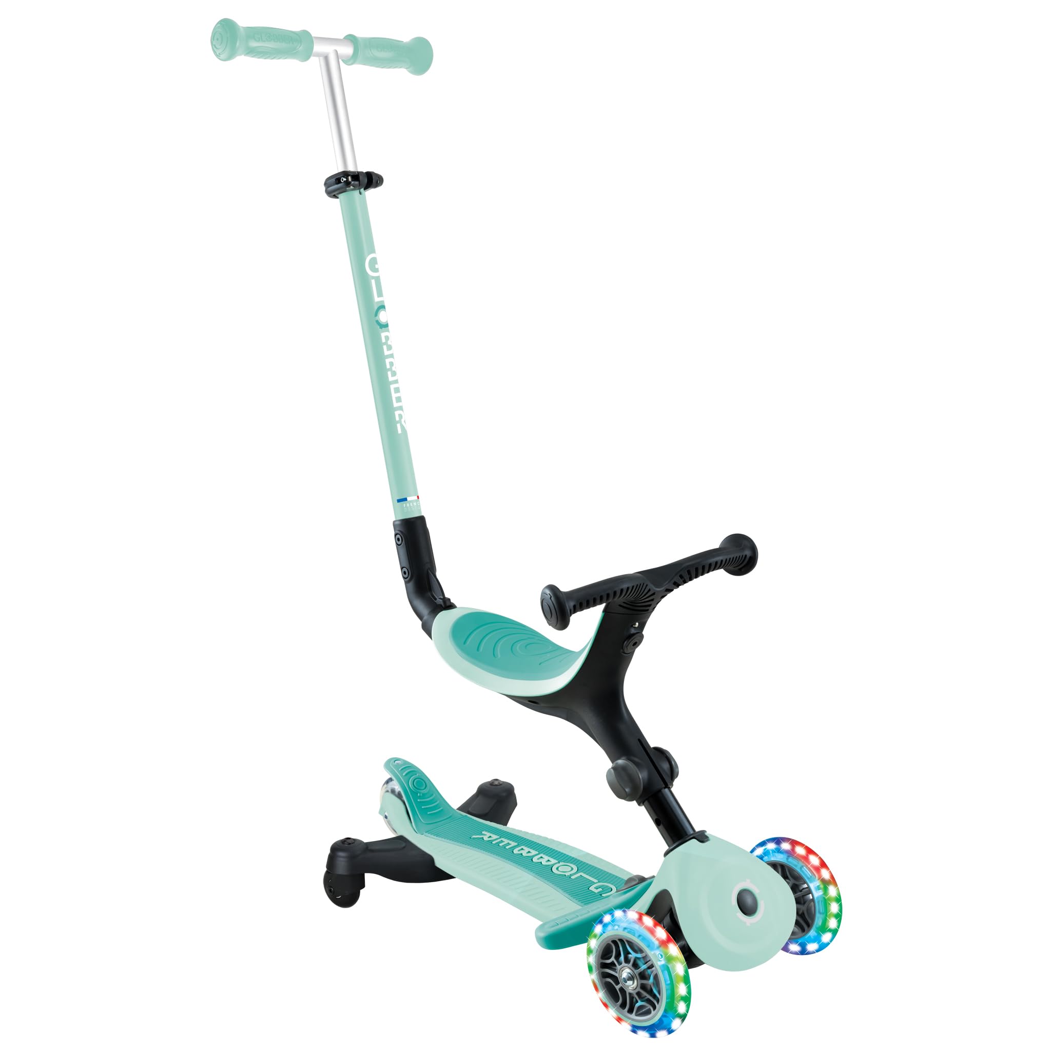 Globber - GO•UP Active Lights 360 - Patinete evolutivo con Asiento Giratorio 360°, reposapiés, Luces LED y 3 Ruedas, para niños de 15 Meses a 6 años - Verde Menta