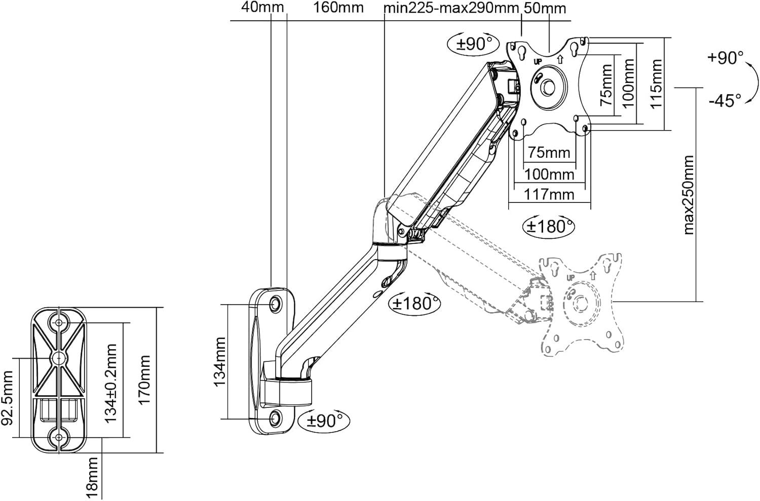 DIGITUS Monitor Wall Mount with Gas Lift and Swivel Arm - for 15-32" Screens - 9 kg Max. Load - VESA 75x75 & 100x100 - Swivel, Tilt, Rotate and Height Adjustable - Black