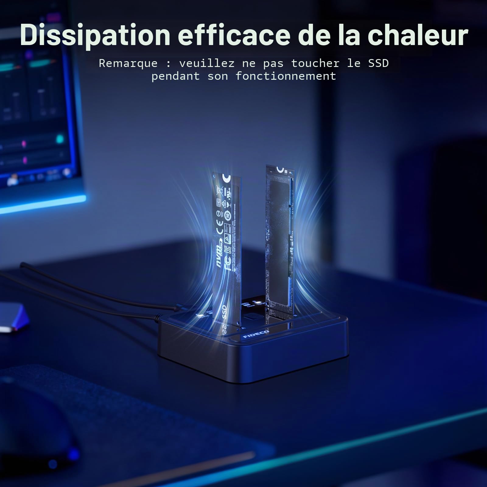 FIDECO Base de Connexion M.2 NVMe SATA SSD, USB 3.2 Gen 2, 20Gbps Station d'accueil pour Disque Dur à Double Baie, Prend en Charge Le clonage Hors Ligne, UASP et Trim