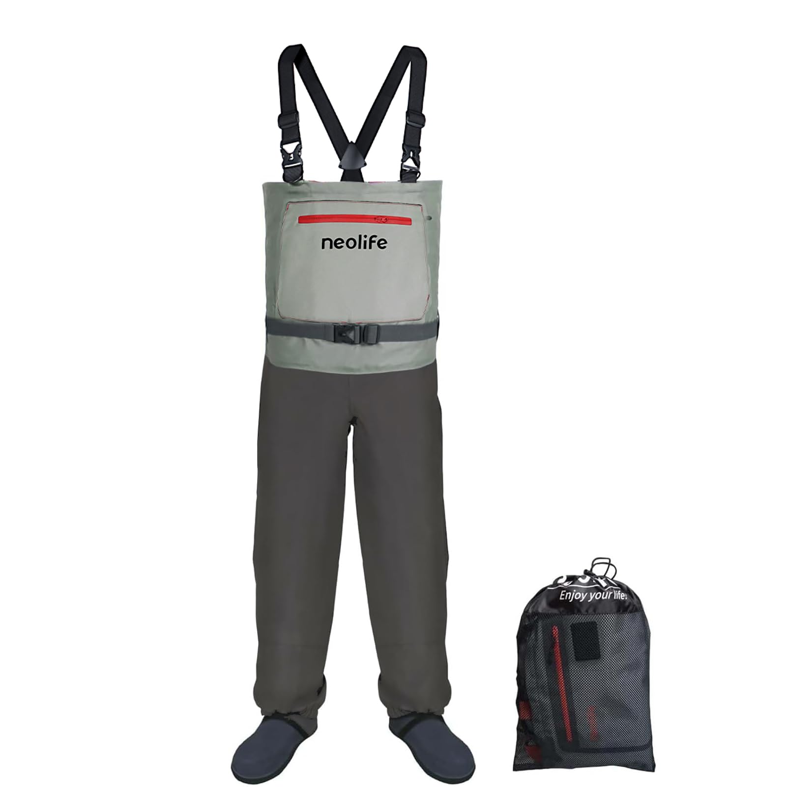 Wathose für Damen und Herren, 3-lagig, atmungsaktiv, wasserdicht, Jagdwathose mit Taschen und Neoprenstrumpf
