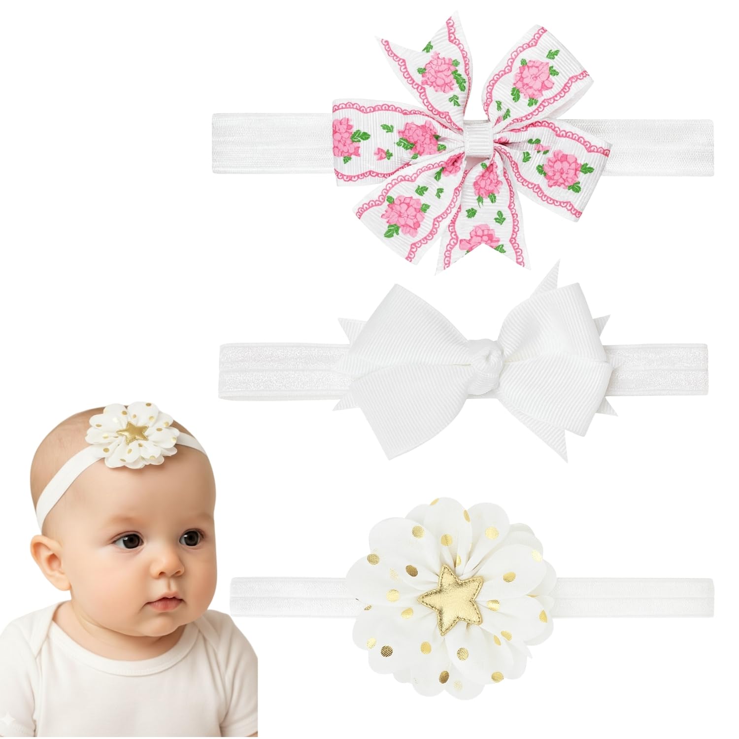 ANNA CREATIONS 3 Pcs Baby Headbands for Baby Girl & Boy, Soft Stretchy Hair Bands with Flower and Bow Design, Comfortable and Cute Hair Accessories for Newborn, Infant and Toddler Babies