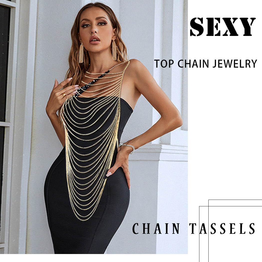 Gold Body Chain Tassel Chain Bra Body Harness Jewelry for Women Shoulder Chains Chest Bikini Rave Accessories (with Gold Earrings) - Image 4