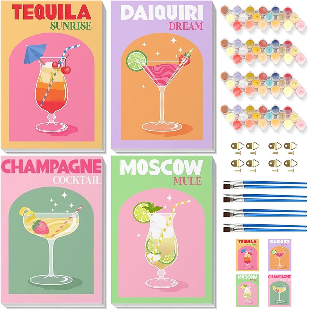 Jakener 22Paint By Number-9 4 Pack Paint By Numbers For Adults,Cocktail Cup Painting By Numbers For Adults Canvas Kits,Adult Paint By Numbers Kits With Frame,Diy Acrylic Oil Painting For Home Wall Decor 7.8X12 Inch
