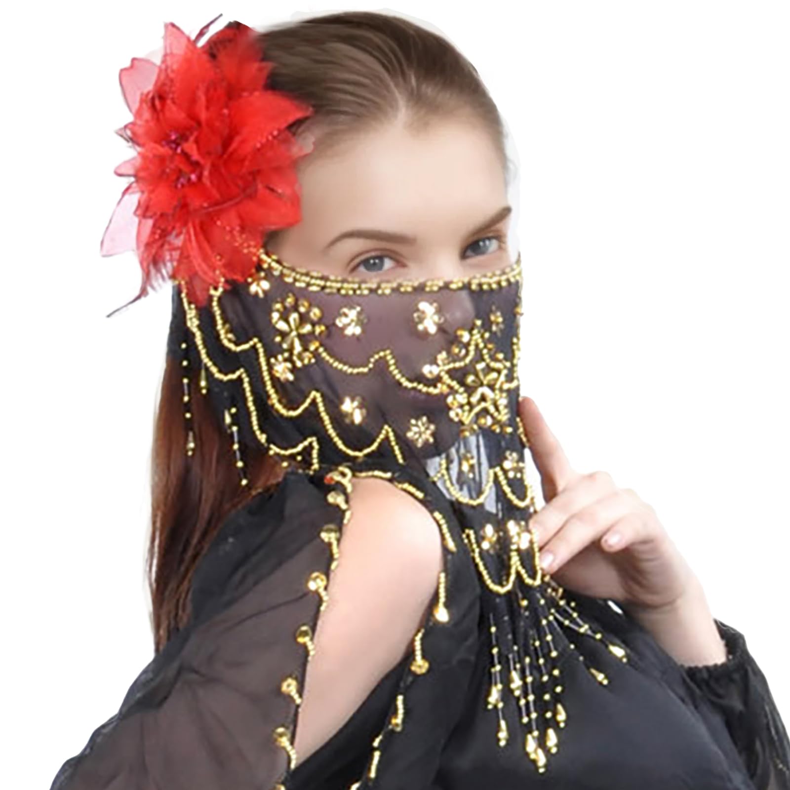 Baisdan Belly Dance Face Veil with Beads Sequins Cosplay Halloween Carnival Costume Accessory