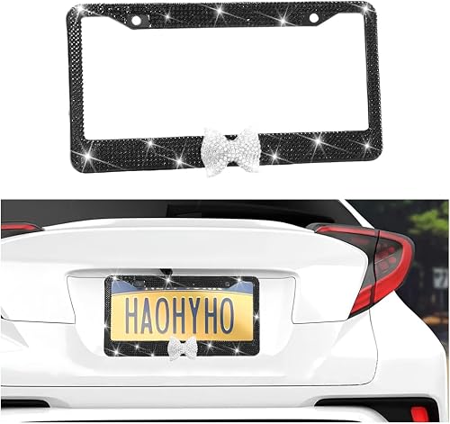 Norkmdi Bling Bow Car License Plate Frame, 2PCS Sparkly Rhinestone Vehicle Licen