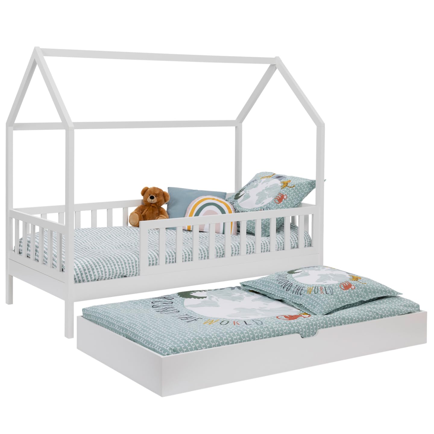IDMarket – Cama cabaña infantil 80 x 160 cm, color blanco con 1 cajón nido y almacenamiento