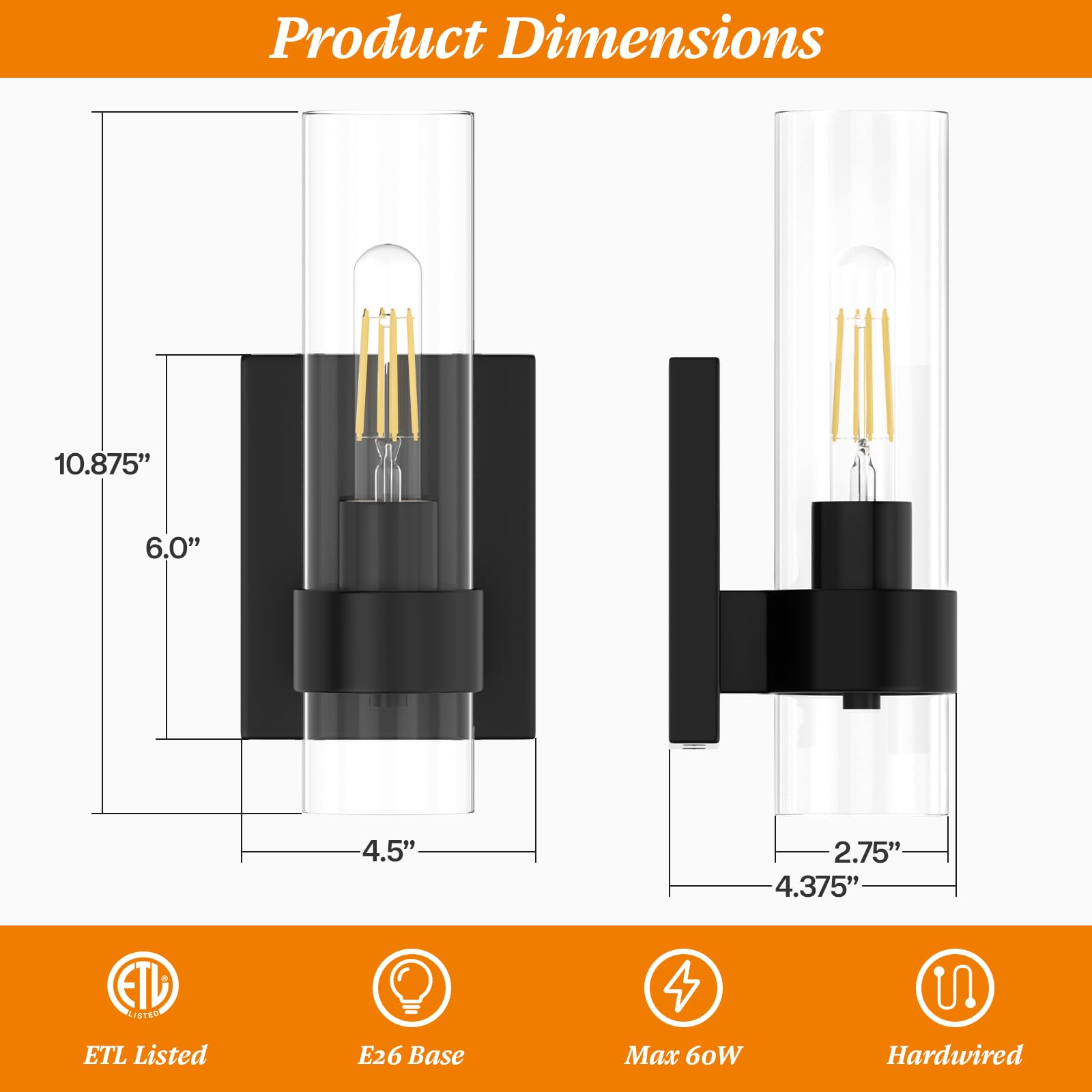 Zevluck Modern Wall Sconce With Clear Glass Shade - Matte Black Hardwired Light For Bathroom & Bedroom