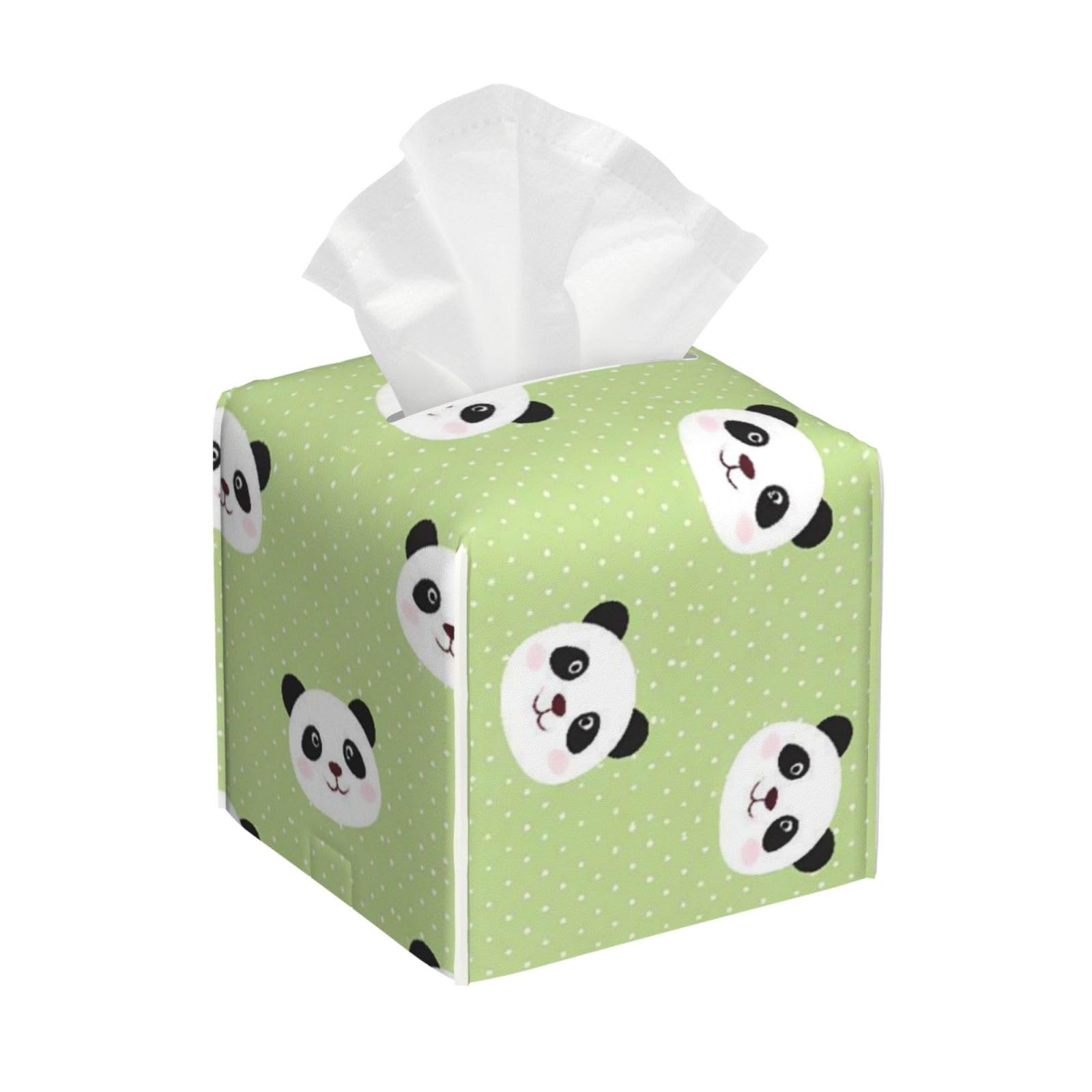 Cute Panda Green Leather Tissue Box Cover Holder Square Facial Paper Organizer 5.2" X 5.2" X 5.2"