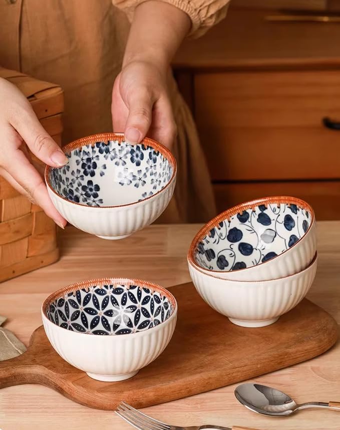Image of Japanese Asian Cuisine Bowl Set, Ceramic Bowl Serving for Snack, Soup, Dessert, Salad, Noodle, Pasta, Oatmeal, Rice, White and Blue Porcelain Bowls for Kitchen, Dinner Bowl Set of 4