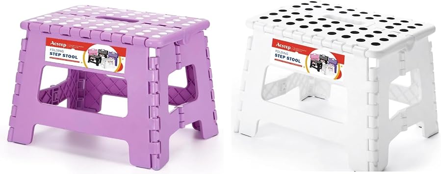 9 Inch Folding Step Stool 2 Pack, Plastic Foldable Step Stools with Handle, 300 LB Capacity Non-Slip Stepping Stool for Kids and Adults, Kitchen and Bathroom Light Purple & White