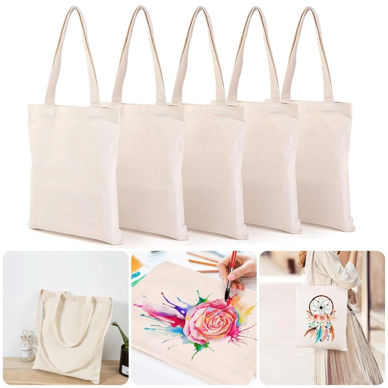 5 Borse for la Spesa in Tela di Grande capacità, Pieghevoli, in Cotone, Borsa a Tracolla Riutilizzabile Fai da Te, Borsa for la Spesa, Beige