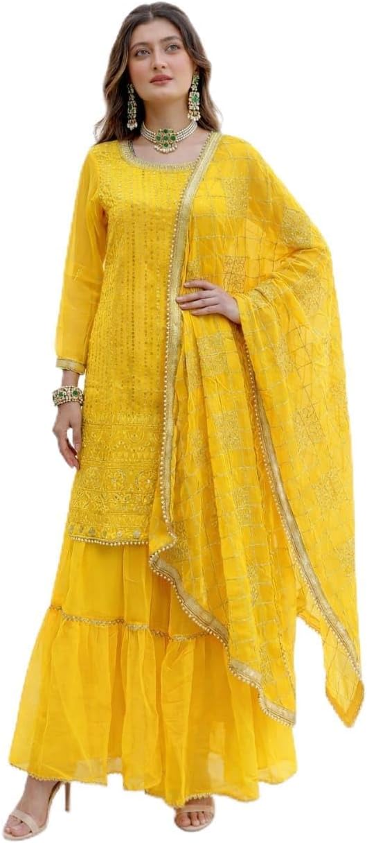 Luxury Faux Georgette Embroidered Kurti Sharara Set with Dupatta for Women | Sequins Zari Work Festive & Wedding Wear